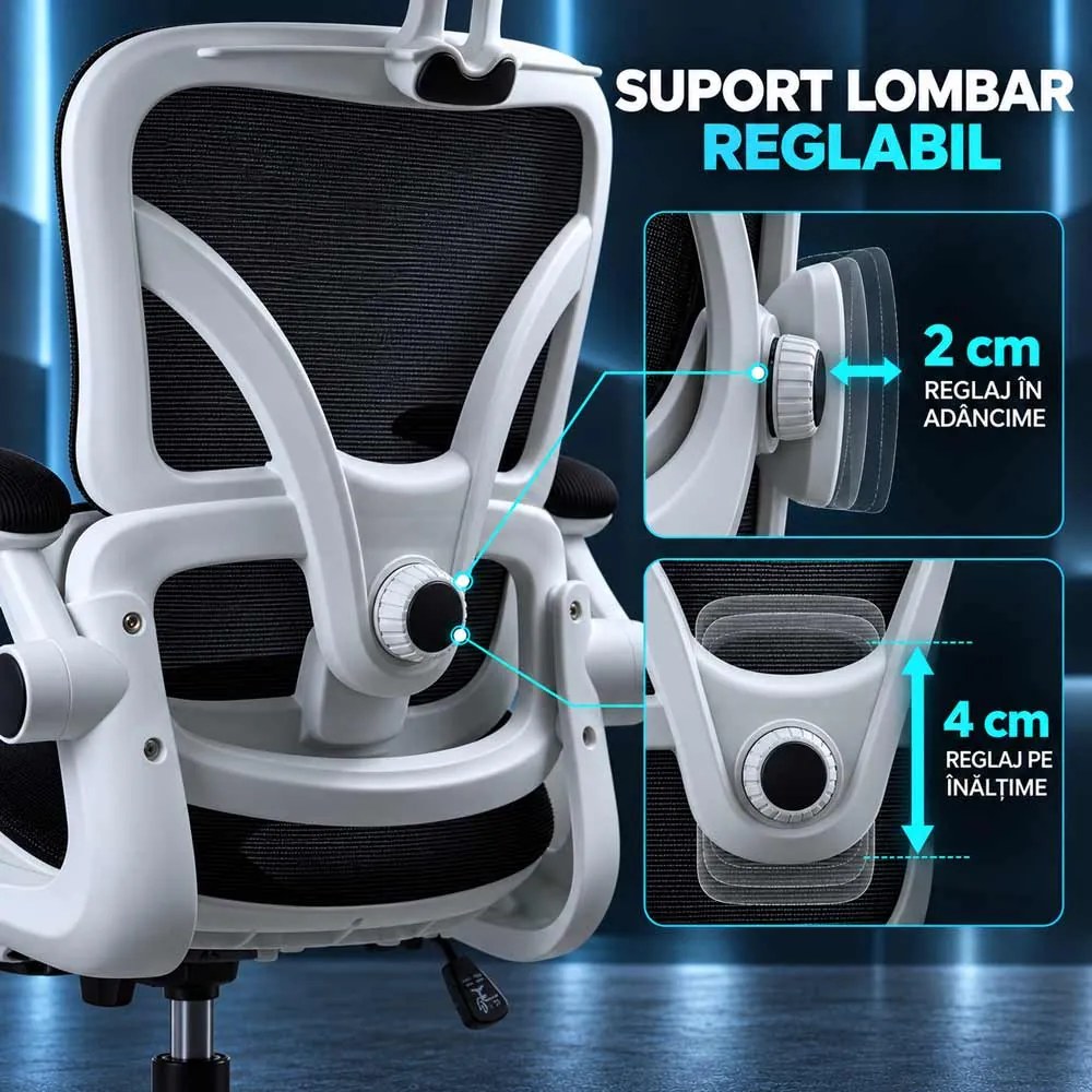 Scaun de birou ergonomic din mesh cu suport lombar și brațe rabatabile OFF 440 alb