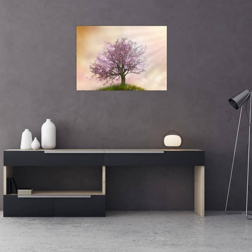 Tablou pe sticlă - Copacul înflorit în deal (70x50 cm)