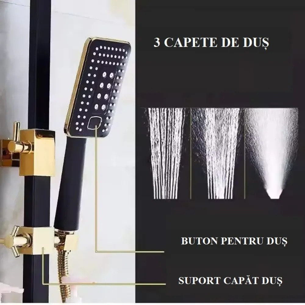 Coloană de duș, 4 funcții, efect ploaie, montare perete, alamă, Negru/Auriu, 8008