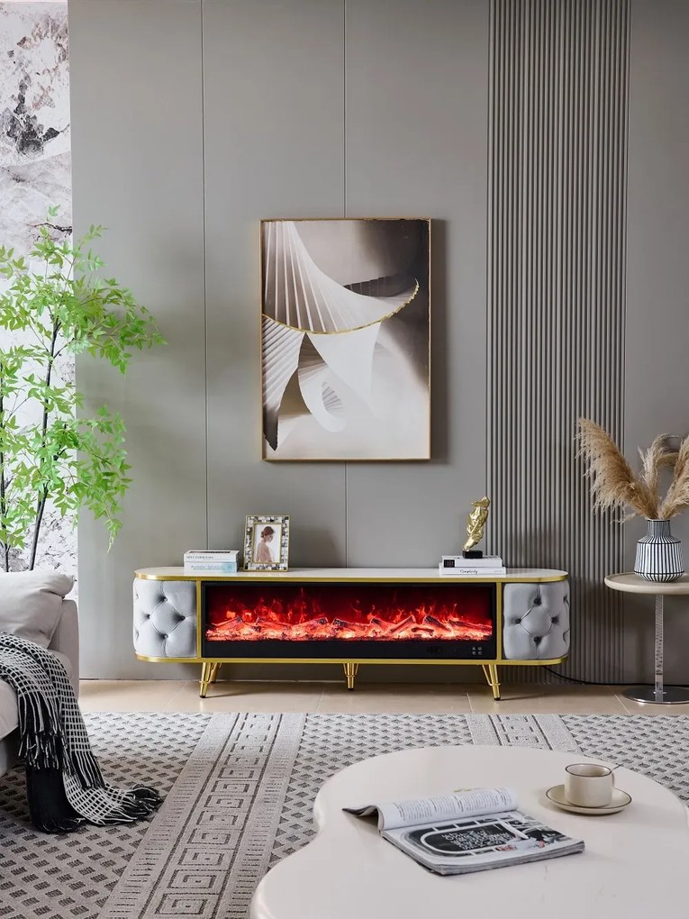 Șemineu electric cu efect LED realist cu 12 culori, Comodă TV cu design oval, control vocal și telecomandă, fără încălzire, 180 cm, Gri