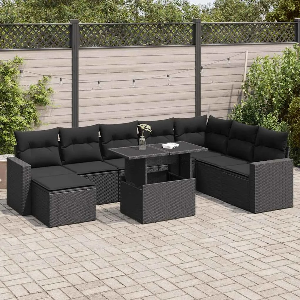 3326366 vidaXL Set mobilier de grădină cu perne, 9 piese, negru, poliratan