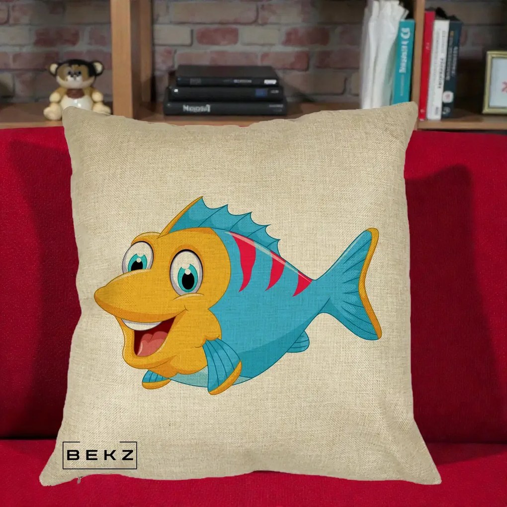 Perna Decorativa Peste Vesel Cartoon, 40x40 cm, Crem, Husa Detasabila, Perna Inclusa, BEKZ®