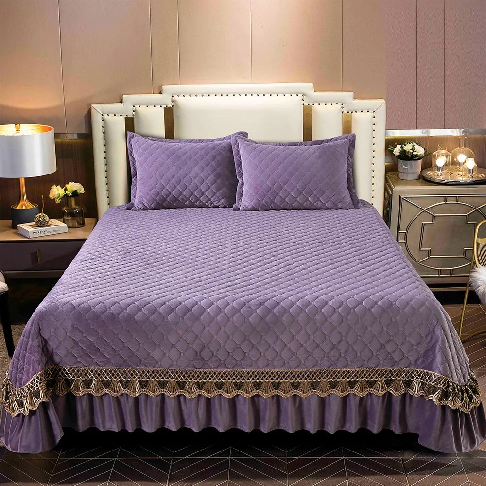 Cuvertură catifea matlasată cu broderie, lila, 3 piese, 220x240 cm, CC74