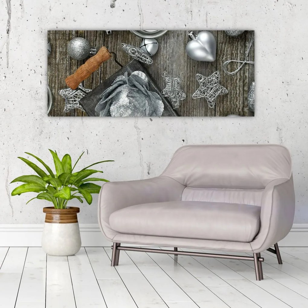 Tablou - decorațiuni argintii de Crăciun (120x50 cm)