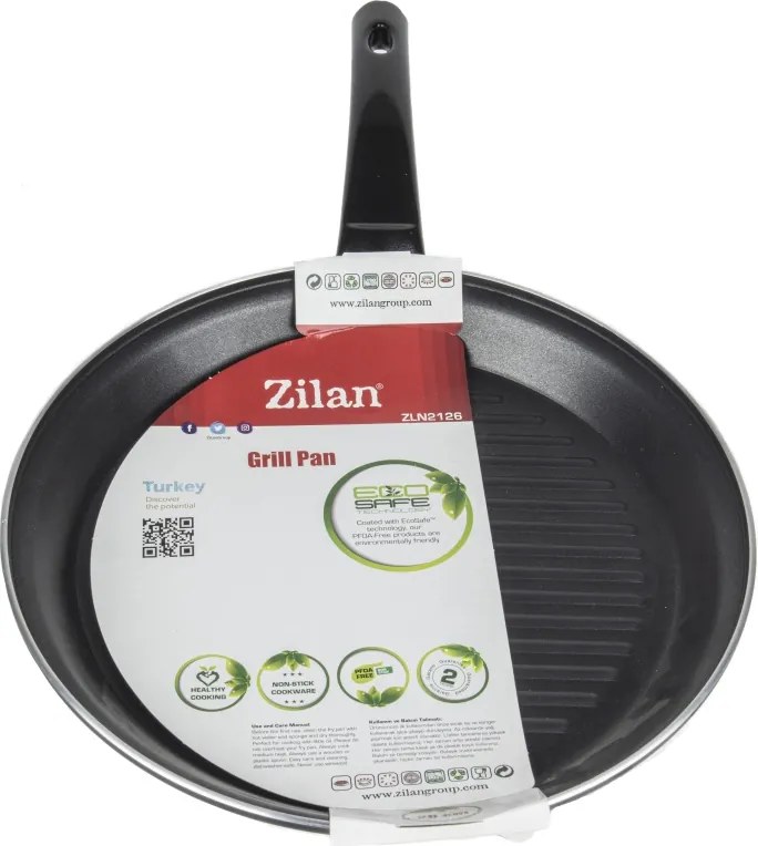 Tigaie grill ZILAN ZLN2126 - 28cm, aluminiu, interior PTFE/teflon, maner ebonita, neagra
