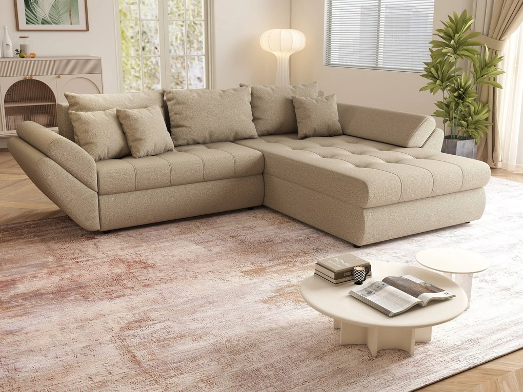 Colțar extensibil dumonde cu ladă de depozitare si sezut confortabil din spuma high-density, Loana Enjoy Camel II 270x185 cm
