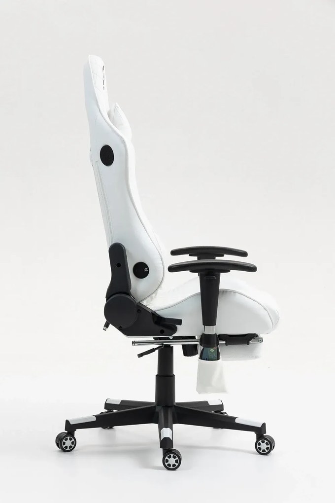 RESIGILAT- Scaun gaming, Masaj in 7 puncte, Boxe Bluetooth, funcție șezlong, 90-180 grade, suport picioare, sezut benzi elastice sustinere suplimentara, PU, Alb