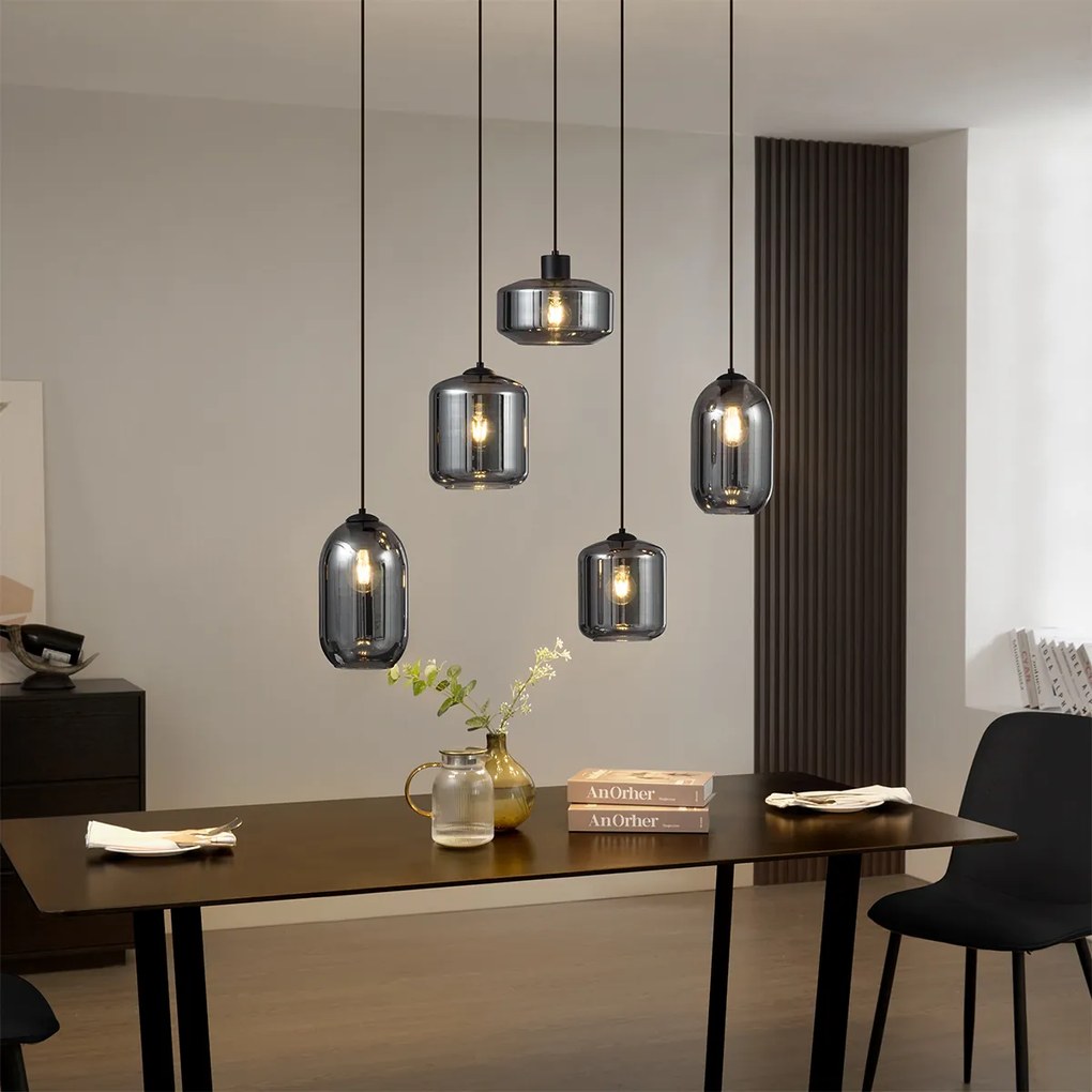 Lampă suspendată modernă neagră cu sticlă fumurie cu 5 lumini - Sheena