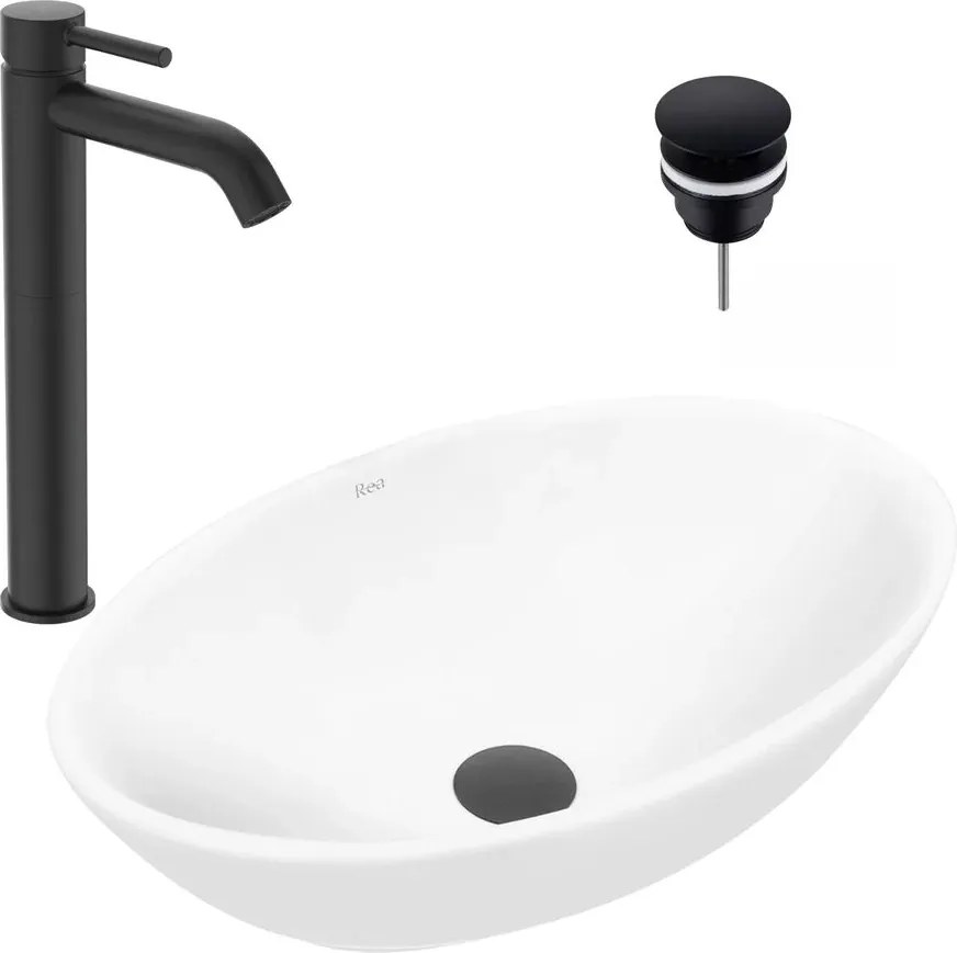 Pachet lavoar pe blat Rea Pamela alb 53 cm, baterie lavoar Ideal Standard Ceraline negru si ventil lavoar Click-Clack negru