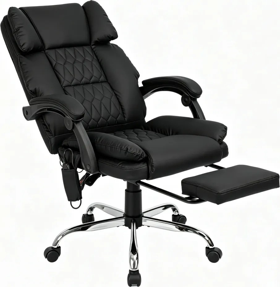 PRESTIGE CONFORT OC-514 – Scaun directorial cu Masaj în 7 puncte, Telecomandă, mecanism multifuncțional, reglare pe înălțime, suport pentru picioare, bază cromată, tapițerie PU, Negru