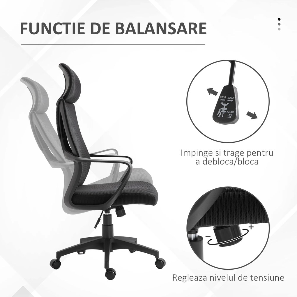 Vinsetto Scaun de Birou Ergonomic cu Brațe și Tetieră Reglabilă, Scaun Pivotant cu Suport Lombar, 64x55x116-126 cm, Negru | Aosom Romania