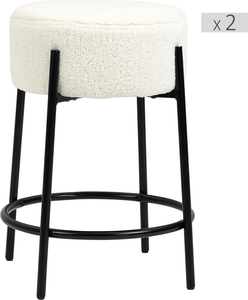 HOMCOM Set de 2 scaune de bar cu suport pentru picioare oțel și tapițerie cu efect de lână bouclée înălțime 62 cm alb și negru | Aosom Romania