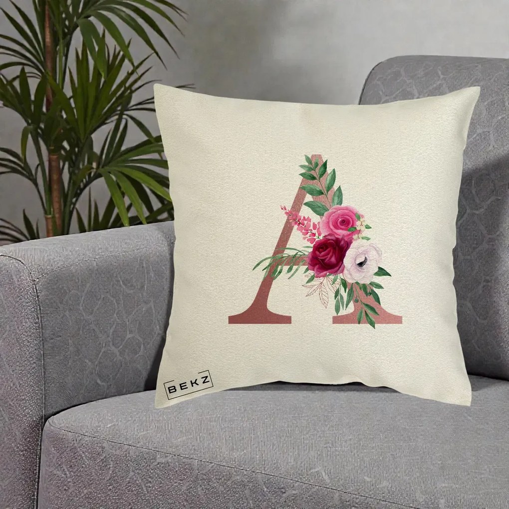 Cadou Personalizat - Perna Personalizata Monograma Rose Gold Litera A, 40x40 cm, Ecru, Husa Detasabila, Perna Inclusa, BEKZ®
