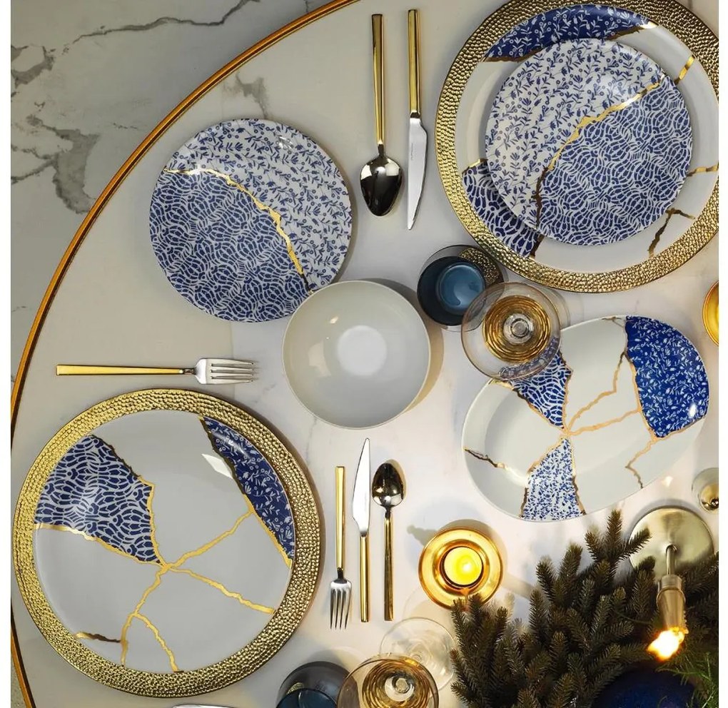 Set de veselă, 28 piese, din porțelan, alb/auriu/albastru