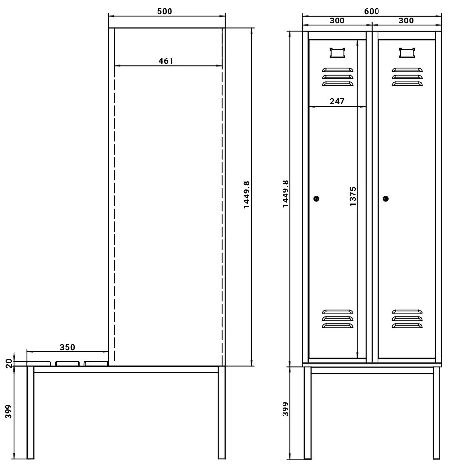 Dulap metalic cu bancheta, 60 x 85 x 185 cm, blocare cu rotire, galben - ral 1023