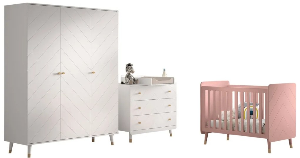 Set Mobilier Complet pentru Bebeluși, 4 Piese, Roz și Alb Satinat (Pin Masiv și MDF) – Billy – Vipack