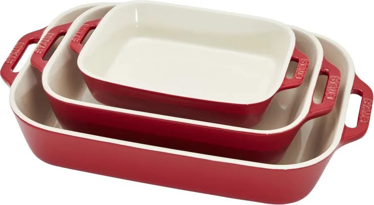Set de 3 tavi ceramice pentru copt Staub 40508-171-0, de la -20°C pana la 300°C, Acoperire emailata, Rosu