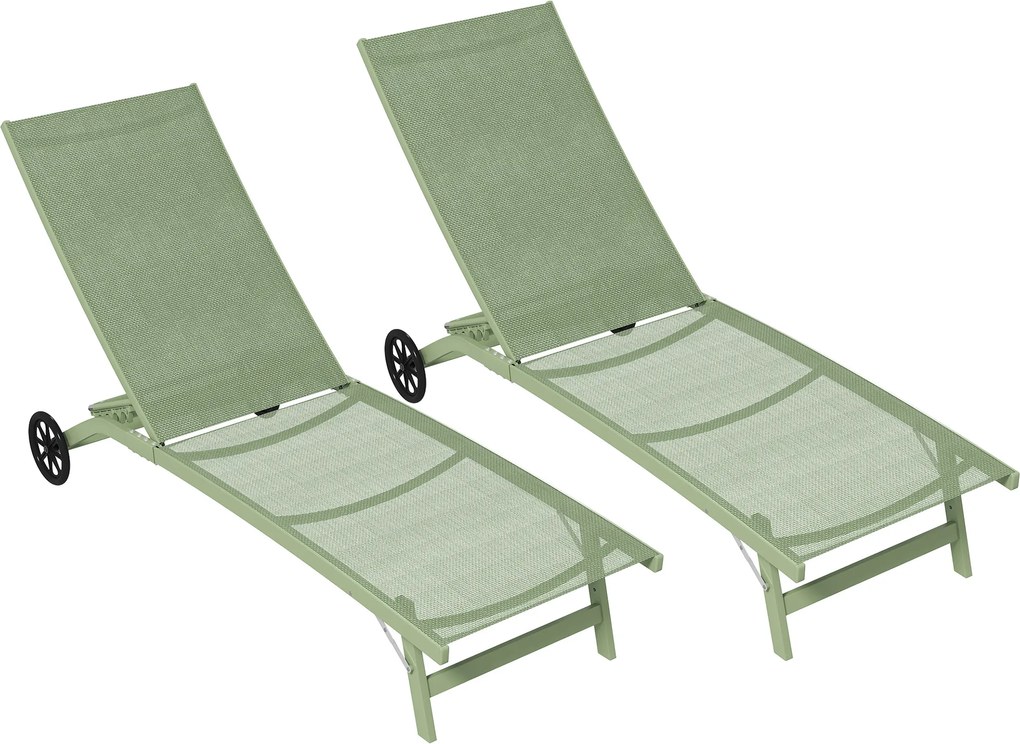 Outsunny Set de 2 șezlonguri din aluminiu și textilenă cu roți spătar rabatabil sarcină max. 150 Kg verde închis | Aosom Romania