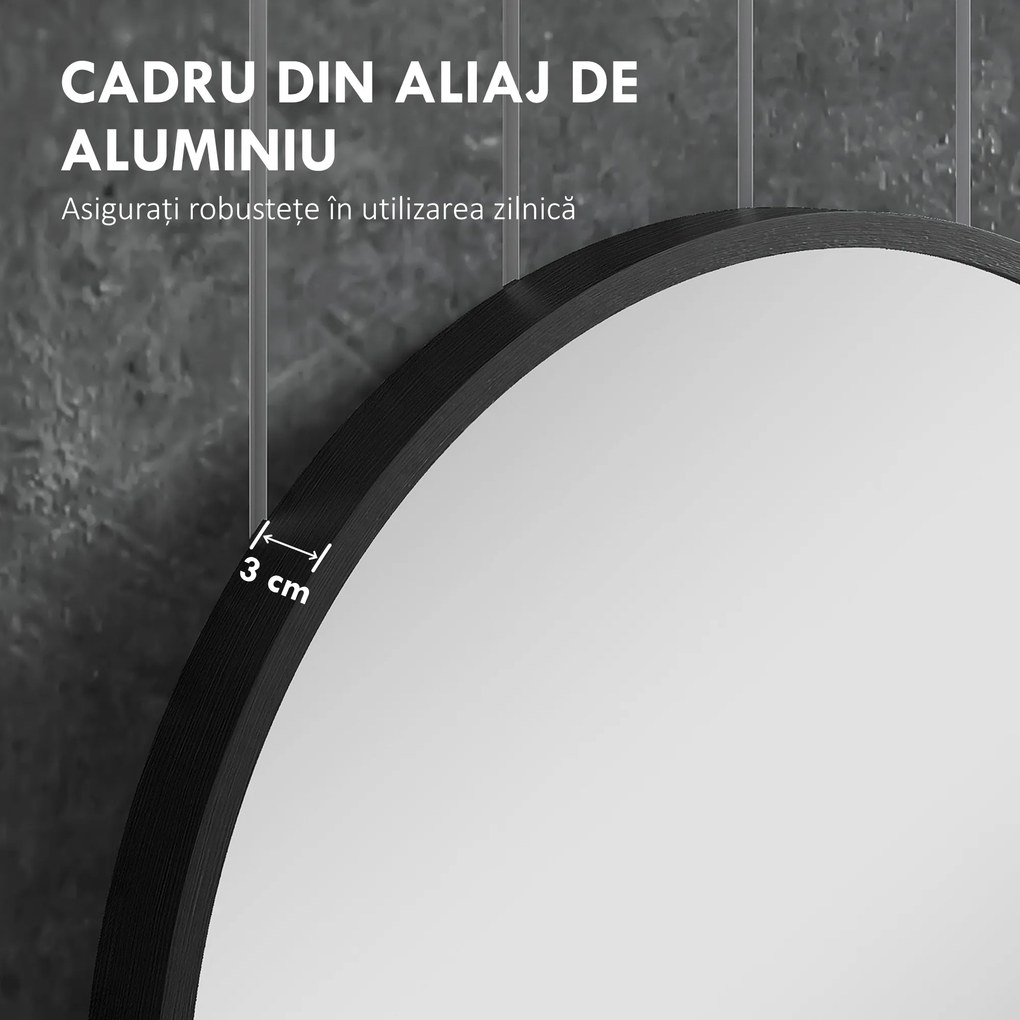 HOMCOM Oglindă Baie Ovală de Perete cu Ramă din Aluminiu, Verticală sau Orizontală, 40 x 70 cm, Negru | Aosom Romania
