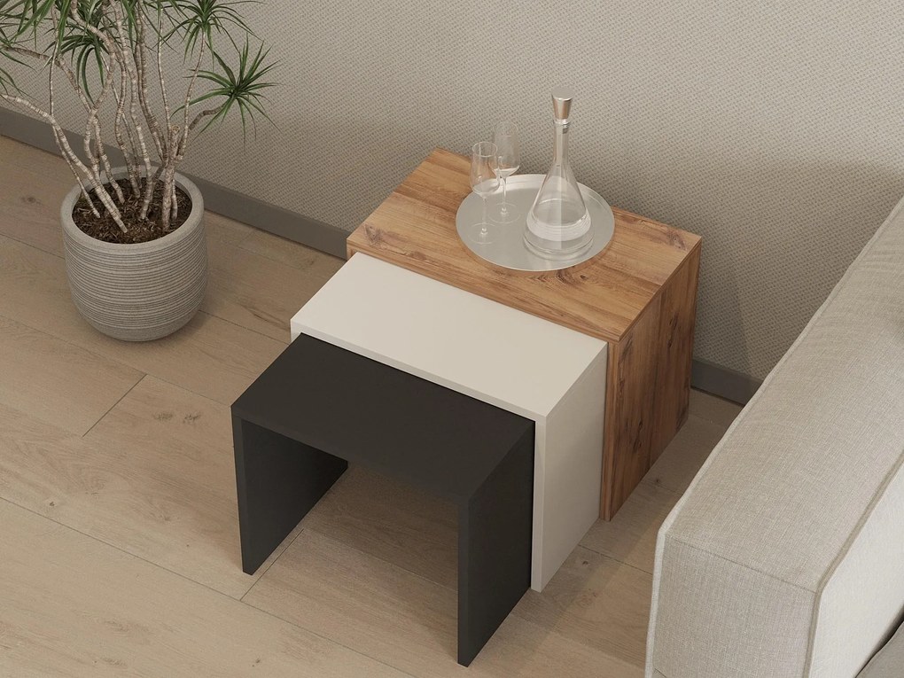 Set 3buc. măsuțe cafea Kibusa (antracit + stejar + alb). 1094326