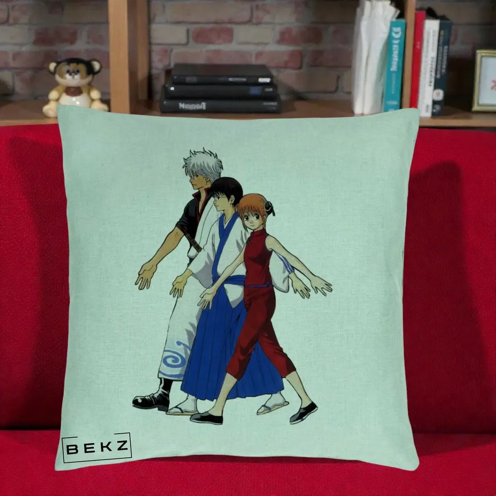 Perna Personalizata Gintama Trio Gintoki Shinpachi Kagura, 40x40 cm, Verde Menta, Husa Detasabila, Perna Inclusa, BEKZ®