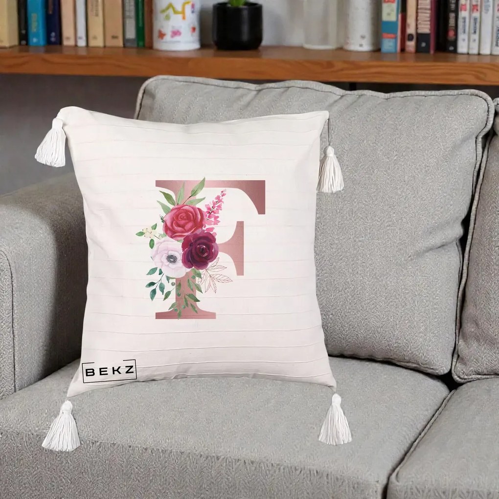 Cadou Personalizat - Perna Personalizata Monograma Rose Gold Litera F, 40x40 cm, Bej cu Franjuri, Husa Detasabila, Perna Inclusa, BEKZ®
