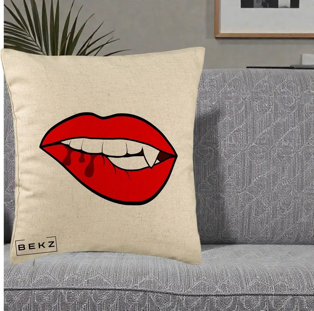 Perna Decorativa Vampire Lips Halloween, 40x40 cm, Bej, Husa Detasabila, Perna Inclusa, BEKZ®