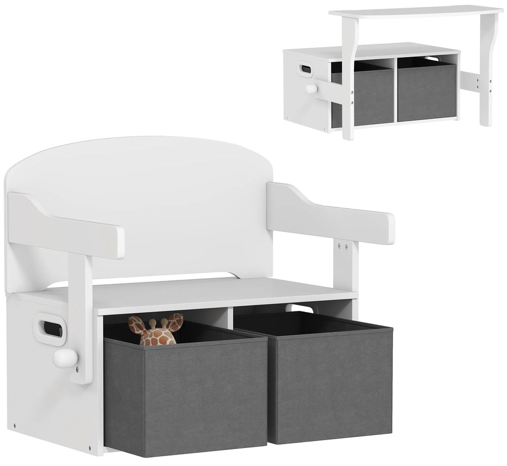 AIYAPLAY Cufăr de jucării pentru copii 3 în 1, set masă și scaune cu 2 coșuri textile detașabile, 67,5 x 46,5 x 56,7 cm, alb | Aosom Romania