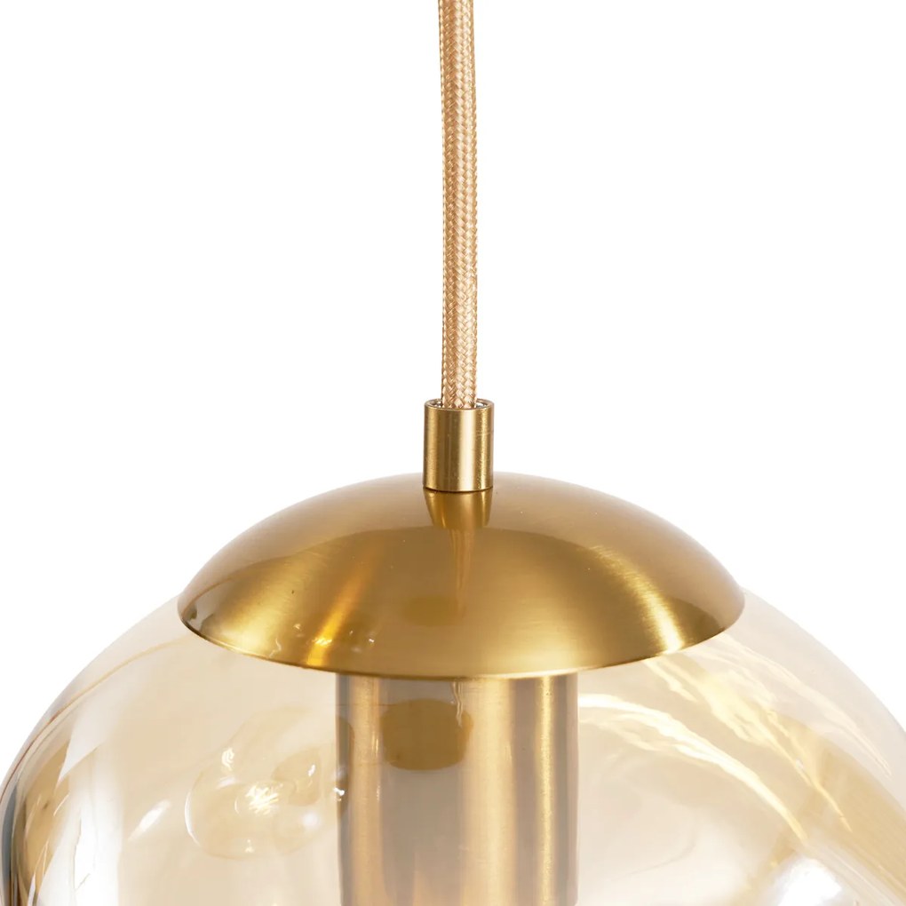 Lampă suspendată Art Deco din alamă cu sticlă chihlimbarie cu 3 lumini - Douglass