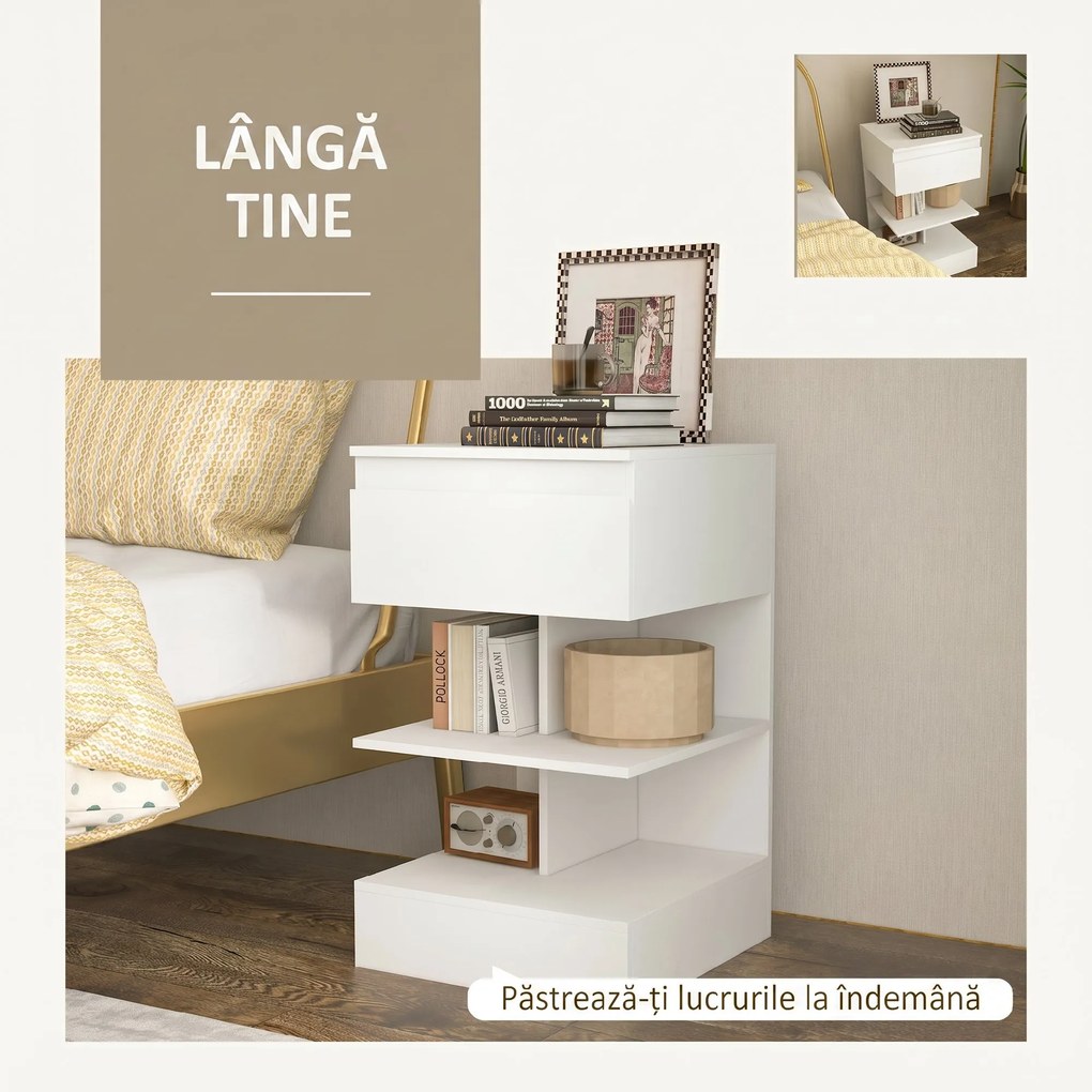 Noptiera Moderna din PAL si MDF cu un Sertar si 2 Rafturi, 39x39x65 cm, Alb HOMCOM | Aosom RO