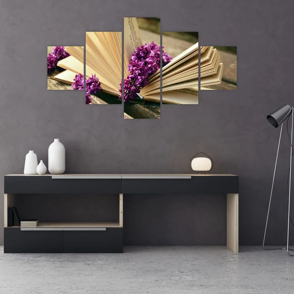 Tablou cu carte și floare violetă (125x70 cm), în 40 de alte dimensiuni noi