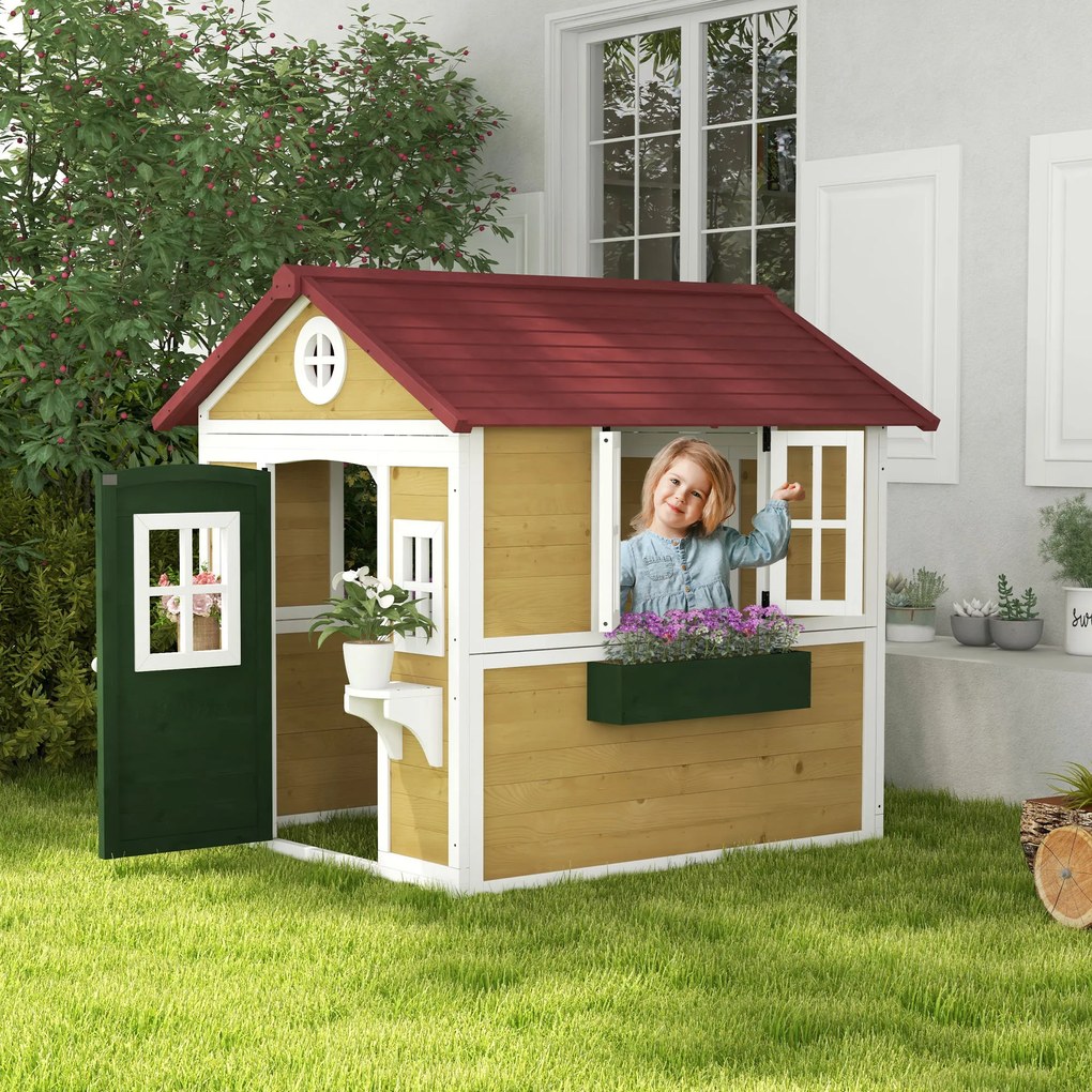 Outsunny Căsuță de exterior pentru copii, casă de joacă exterioară cu ușă, ferestre și jardiniere 114 x 126,4 x 135 cm bej | Aosom Romania