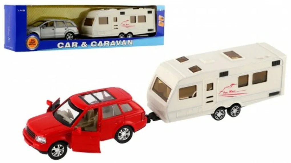 Masina cu caravană metal / plastic 29cm la întinderea inversă 2 culori în o cutie 32x8x6cm