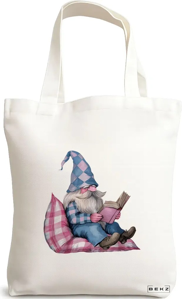 Sacosa de Panza pentru Cumparaturi, Geanta Tote, model The Bookish Gnome 4 38 x 34.5 cm, Alba, BEKZ®