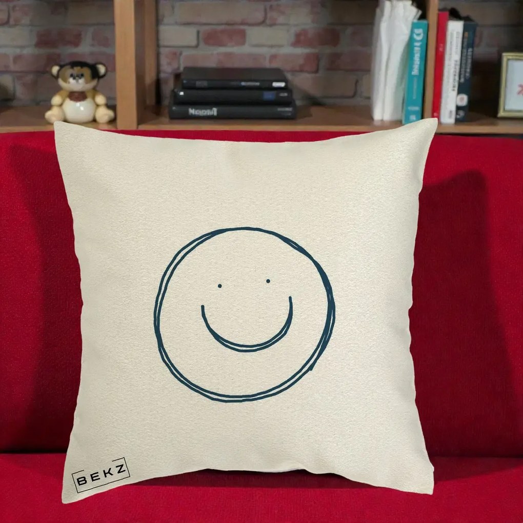 Perna Decorativa Smile Desen Minimalist, 40x40 cm, Ecru, Husa Detasabila, Perna Inclusa, BEKZ®