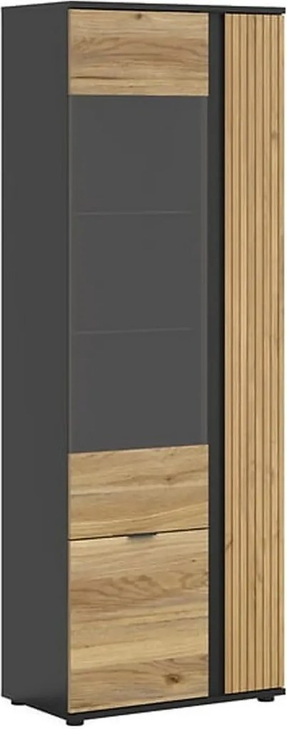 Vitrina LUEN, stejar/negru, PAL laminat/sticla securizata, cu 3 usi, 7