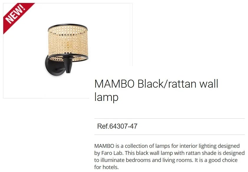 Aplica de perete moderna design natural MAMBO negru/ratan 64307-47