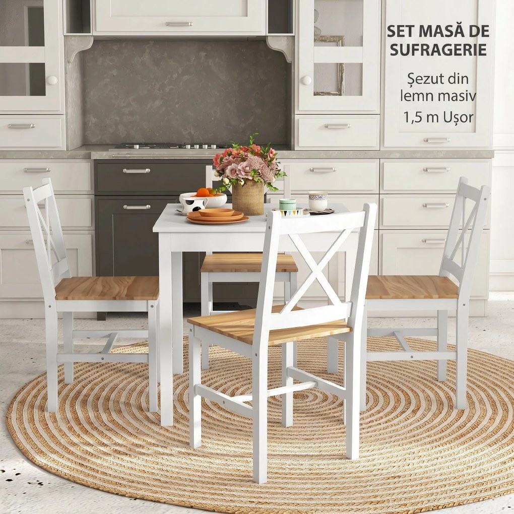 HOMCOM Set 4 Scaune cu Spătar Transversal, Scaune Clasice din Lemn de Pin, 41x46.5x87 cm, Alb | Aosom Romania