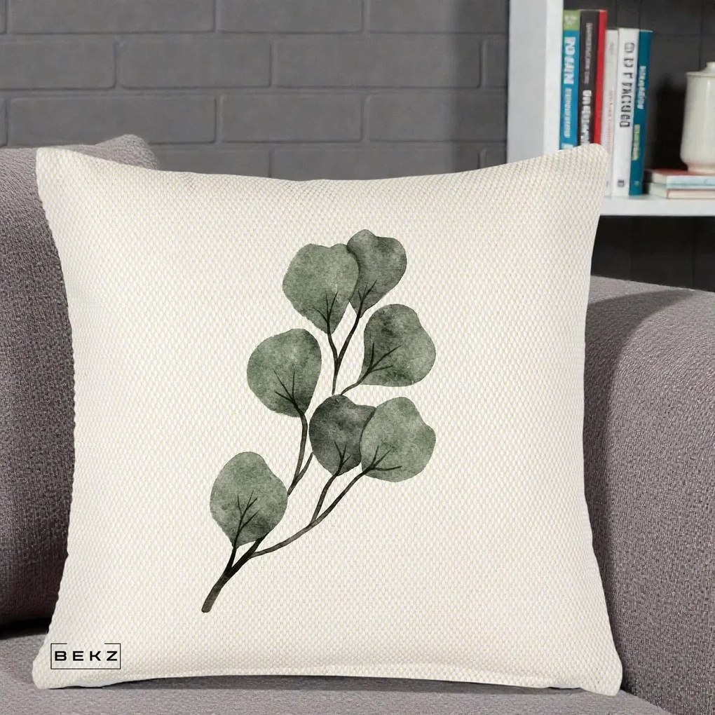Perna Decorativa Ramura Eucalipt Acuarela, 40x40 cm, Crem Reliefat, Husa Detasabila, Perna Inclusa, BEKZ®