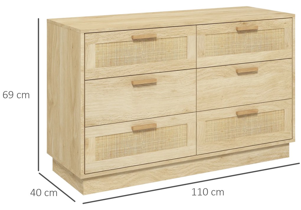 HOMCOM Comodă design boem din ratan cu 6 sertare, mobilier de depozitare pentru living, hol, intrare, stejar | Aosom Romania