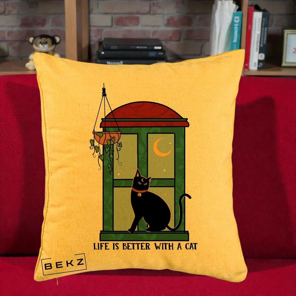Perna Personalizata Life is Better with a Cat Geam, 40x40 cm, Galben, Husa Detasabila, Perna Inclusa, BEKZ®