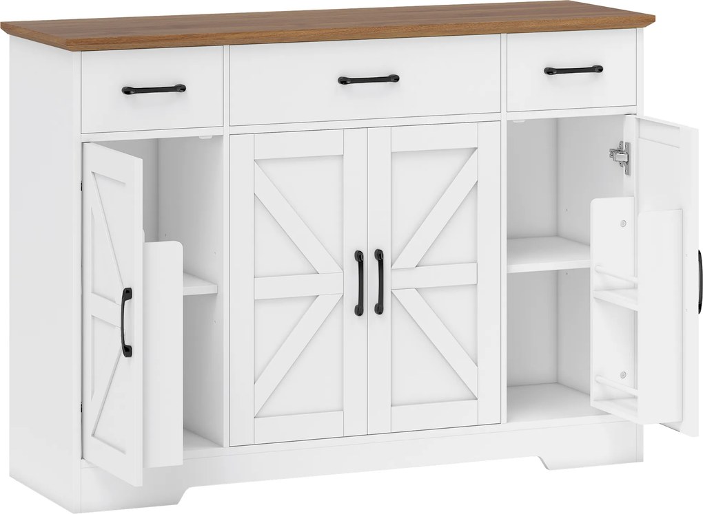 HOMCOM Bufet Bucătărie Rustic, Bufet cu Uși Soft-Close, 3 Sertare, 3 Rafturi Reglabile, Portaspecii, PAL, MDF, Alb | Aosom Romania