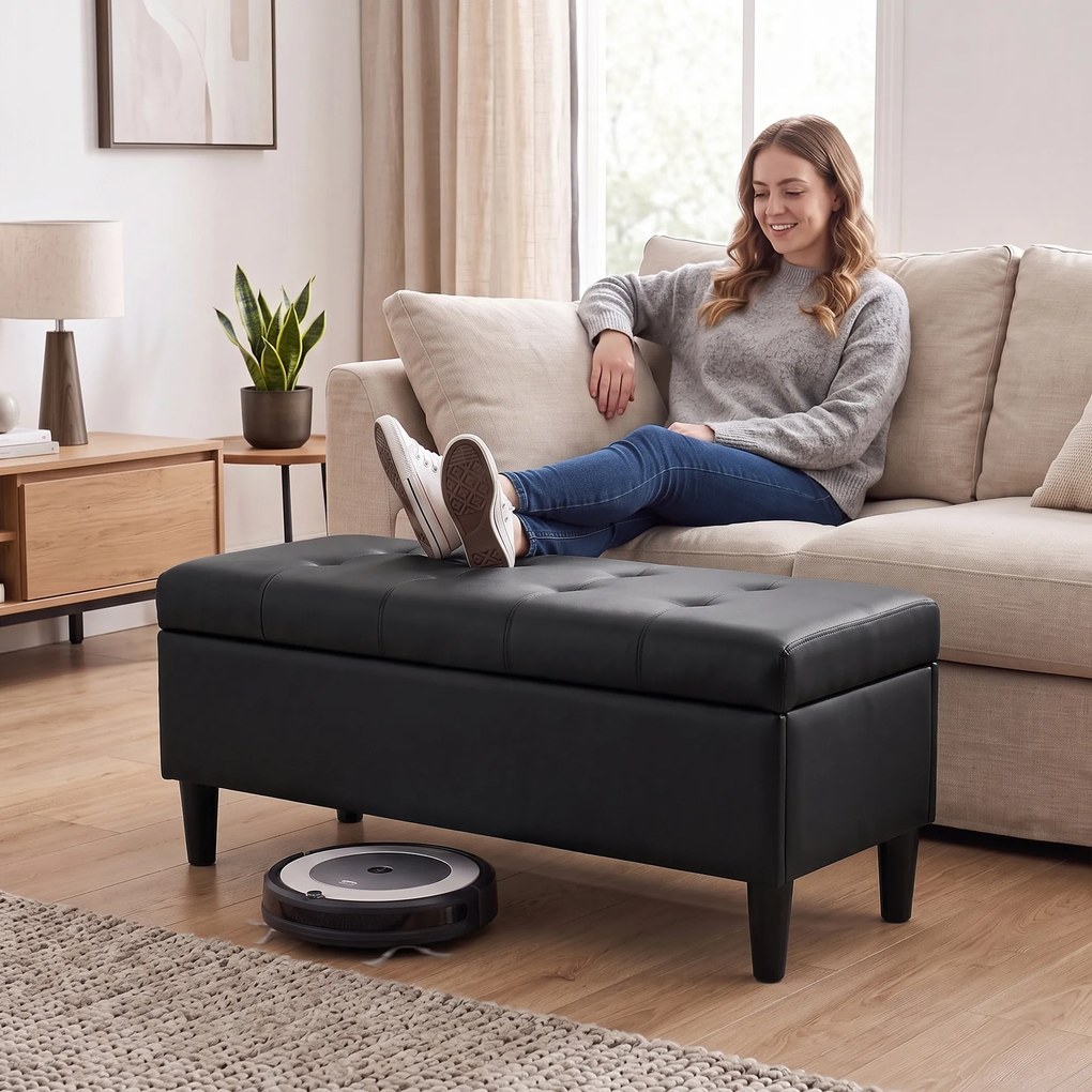 HOMCOM Bancă cu depozitare 136 L, taburet cu ladă 110x41x42 cm, piele ecologică pet-friendly, negru | Aosom Romania