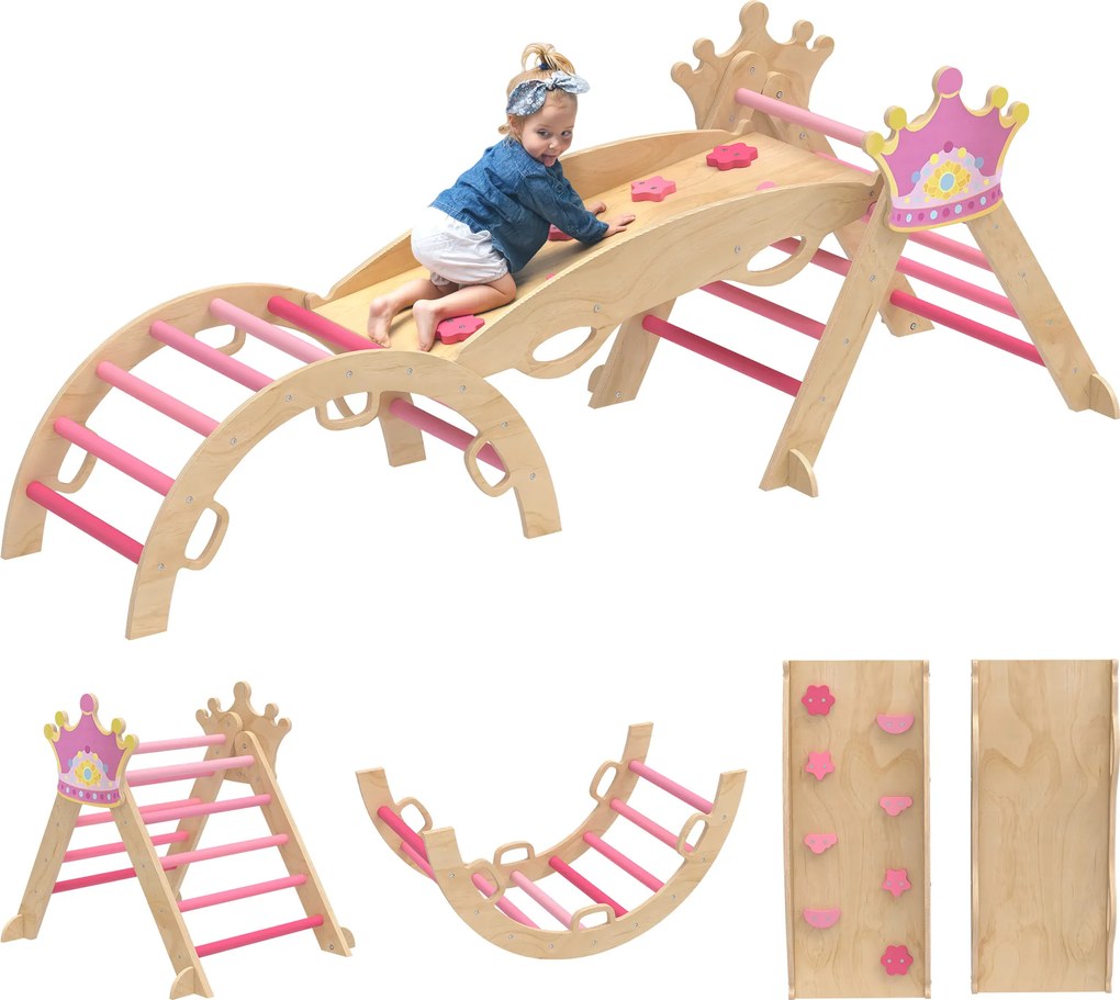 AIYAPLAY Cadru de cățărat interior 8-in-1 pentru copii, design de prințesă, tobogan, rampă, arc, lemn | Aosom Romania