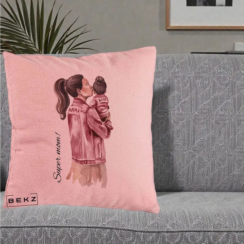 Cadou pentru Mama - Perna Personalizata Super Mom Jachete Roz, 40x40 cm, Roz, Husa Detasabila, Perna Inclusa, BEKZ®