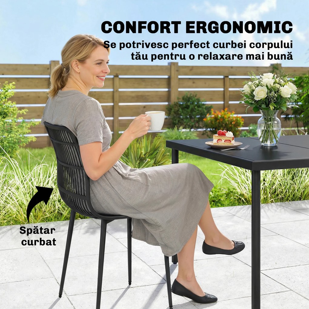 Outsunny Scaune de Dining pentru Exterior Set de 4, Scaune de Grădină cu Spatar Fisurat, Negru | Aosom Romania