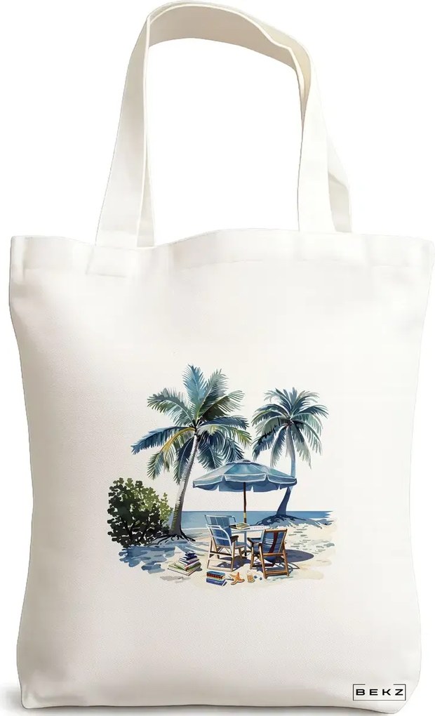 Sacosa de Panza pentru Cumparaturi, Geanta Tote, model Beach life 3 38 x 34.5 cm, Alba, BEKZ®