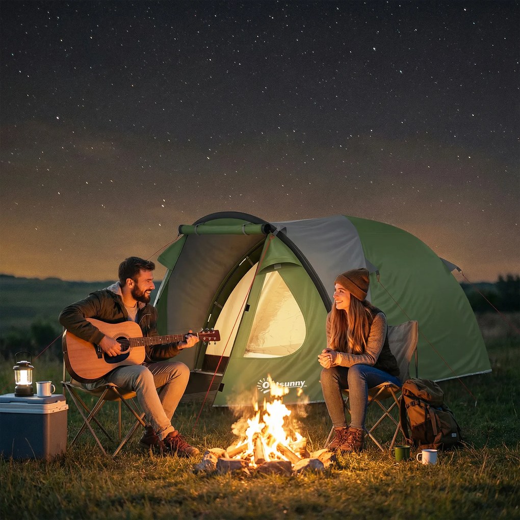 Outsunny Cort de Camping pentru 4 Persoane, 2 Camere, Ferestre și Uși, Preș de Sol, Cârlig în Tavan, 323x248x150cm, Verde | Aosom Romania