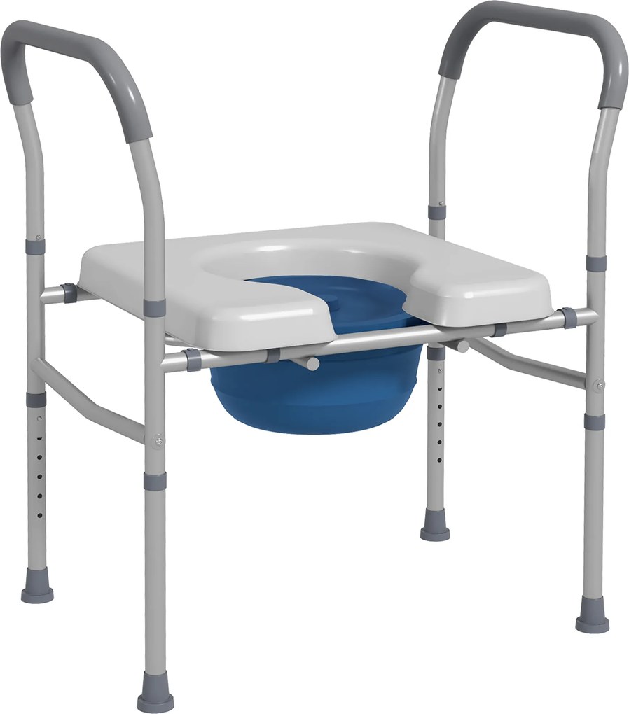 HOMCOM Scaun cu Vas de Toaletă pentru Vârstnici, Scaun de Toaletă Multifuncțional 4-În-1 cu Înălțime Reglabilă, 64x53x70-82 cm, Gri | Aosom Romania