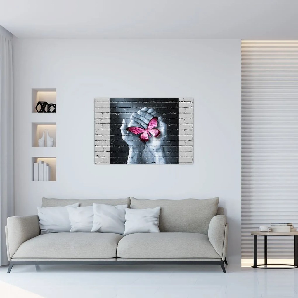 Tablou - Fluture roz în perete (90x60 cm)